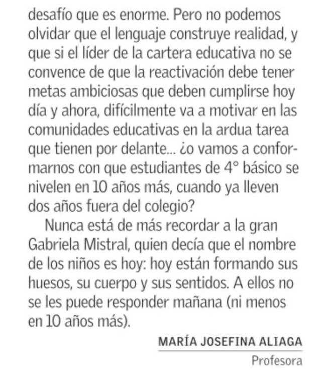Mjosefinaliaga's tweet photo. Me publicaron una carta en @ElMercurio_cl sobre el poco sentido de urgencia que se desprende de las declaraciones del ministro @nico_cataldo cuando se habla de la reactivación educativa. Por si quieren leer. https://t.co/rOC8oGjGGY