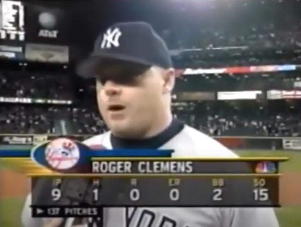 CodifyBaseball's tweet photo. Roger Clemens threw a one-hit shutout in Game 4 of the 2000 ALCS and struck out 15 Mariners along the way.  He threw 138 pitches that day.

His Game Score of 98 is the best in LCS history. https://t.co/xSOWqJNdKj