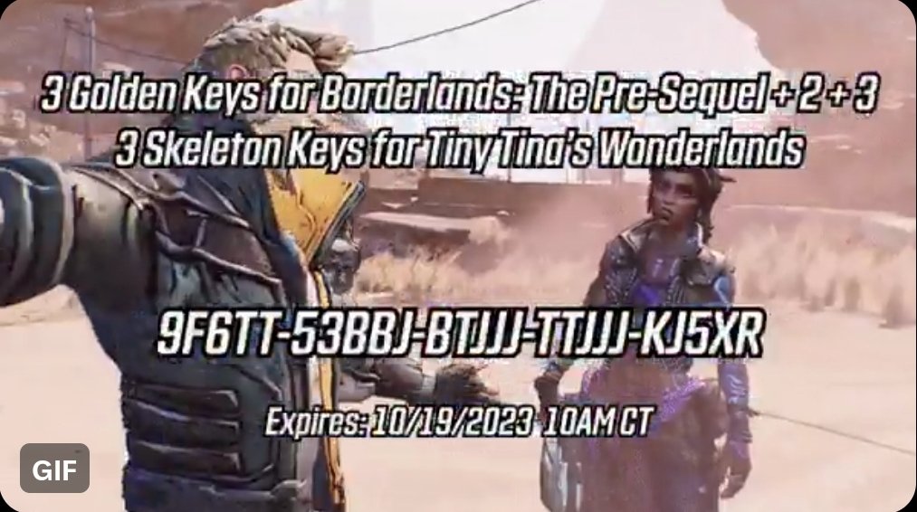 SHiFT code for FREE Golden and Skeleton Keys for Borderlands 2, TPS, 3 and Wonderlands: 9F6TT-53BBJ-BTJJJ-TTJJJ-KJ5XR Redeem in game or at shift.gearbox.com. Expires 10/19. Good luck and happy looting! #Borderlands #TinyTinasWonderlands #gaming #game