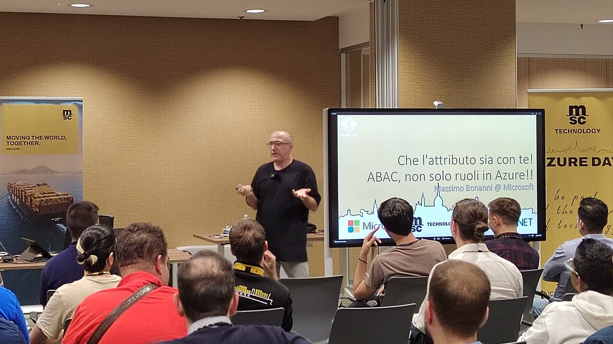 Tinux80's tweet photo. On stage @massimobonanni at #AzureDay
Talking about #Microsoft ABAC
Powered by @DotNetCodeIT & #MSC
#MVPBuzz https://t.co/3LNqtaCtaG