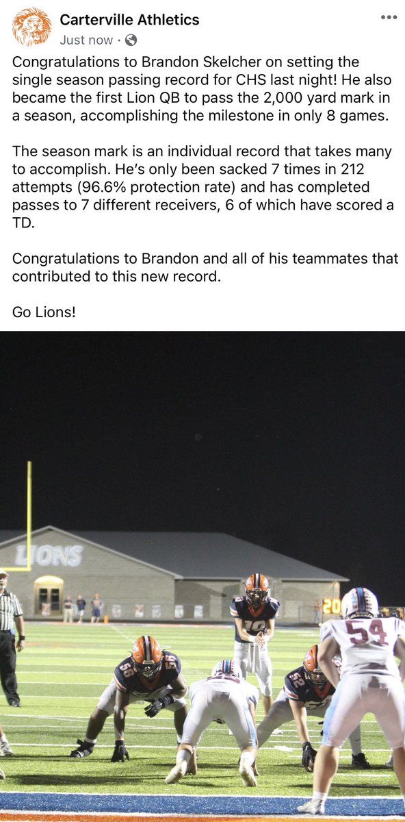 CartervilleFB's tweet photo. Congratulations Brandon and team! A great player, teammate and person. Finish strong! https://t.co/jDDid3f7O9
