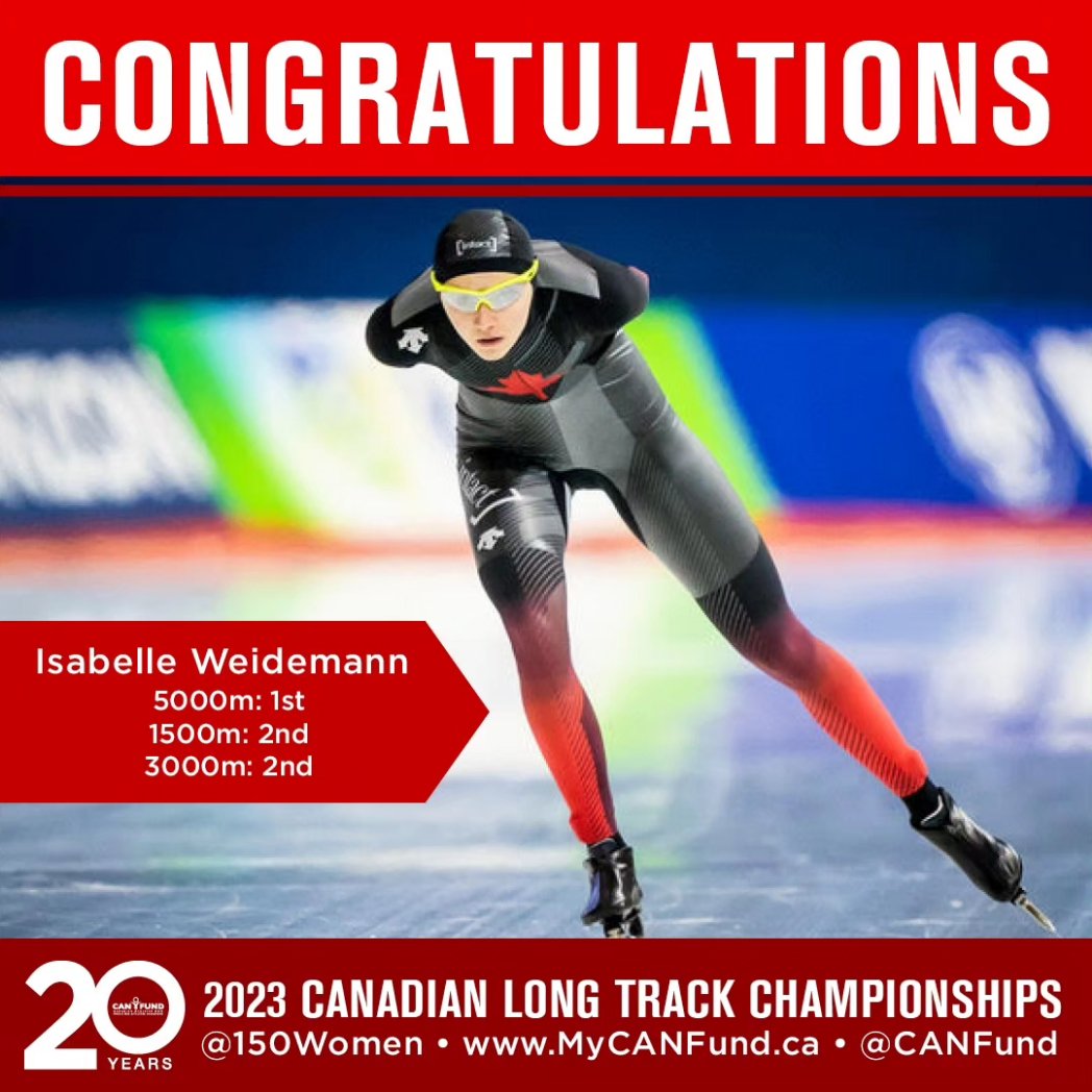 150women's tweet photo. Another successful weekend for our incredible athletes who shone brightly at the 2023 Canadian Long Track Championships in Calgary! 

Congratulations to our CAN Fund #150Women recipients on their success:
- Valerie Maltais
- Isabelle Weidemann
- Ivanie Blondin
- Carolina Hiller https://t.co/bdsallxJwK