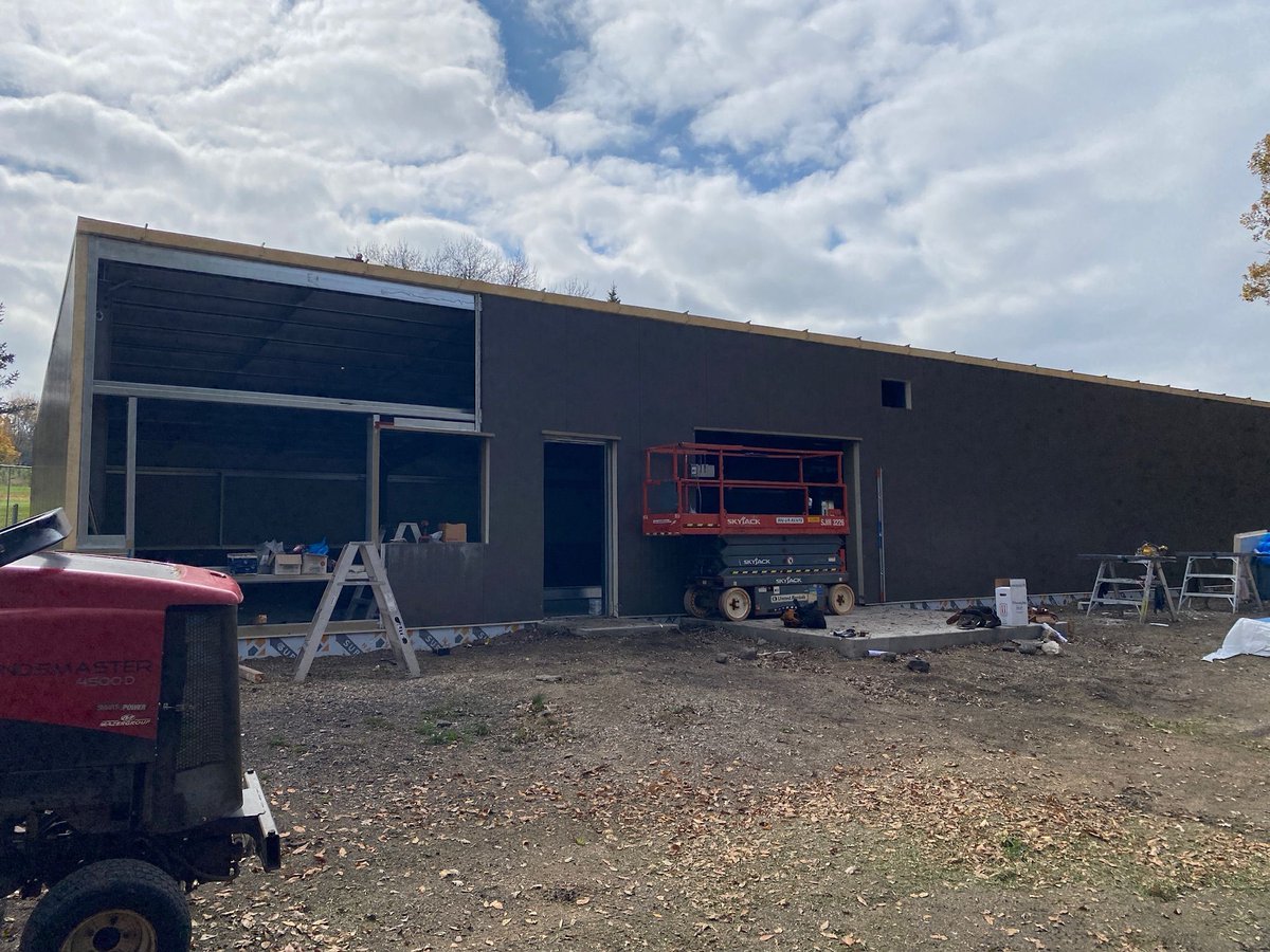 crane_steel's tweet photo. Putting some finishing touches on the exterior of our Wheat City Golf Course project! 🍂 🔨
#bdnmb #golfmb #wcgc https://t.co/m4qEAzTgWj