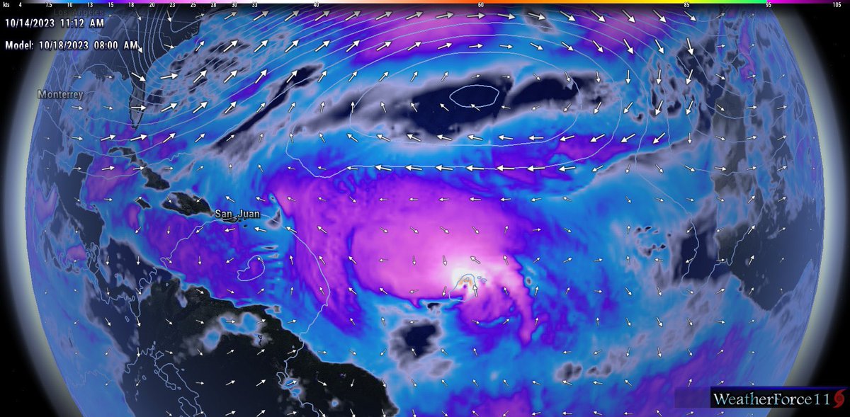 weatherforce11's tweet photo. The environment surrounding #94L should remain relatively favorable for additional development throughout at least the next five days. Upper level winds in the deep tropics remain easterly, which will be a favorable position for a storm moving west across the MDR. 

The one hindering factor for significant organization throughout the next day or two, would be the presence of some mid-level dry air which is shown in the GFS PWAT forecast. This could at least in theory, slow development a little bit, which would be one plausible way this storm makes it pretty far west. But overall, environmental conditions should remain largely favorable for additional development and 94L will likely become a tropical storm, or potentially a hurricane by the end of the seven day forecast period. 

Within several days, the storms position is going to matter a lot in terms of impacts, and it’s remaining future. In the upper levels, a series of troughs will be digging across the United States and moving out into the north Atlantic, this will open the door for any storm in the right position to be able to turn harmlessly out to see, also an increase in vertical shear will be accompanied with these troughs, which means that if the storm is too far north, it would likely be sheared apart as it begins, it’s northward journey. 

The GFS forecast for the day five period has a ridge of high-pressure located over the eastern tropical Atlantic, this would make a sun northward turn of 94L rather unlikely for now. In several days, however, the series of troughs will start to make its way across the north Atlantic, which will significantly weaken the ridge and allow an alleyway for the storm to turn towards the north. Whether this happens while the storm is already in the Caribbean, and approaching the island chain or if 94L is sufficiently far away from land that the north return would not impact the lesser Antilles remains to be seen.

A lot also depends on where it 94L will ultimately consolidate, a consolidation of the low pressure system towards the south would result in a further south system, not only initially, but at the medium and longer range, while the opposite is true for a system that consolidates further north. 

Certainly a lot to watch over the next several days and interests in the lesser Antilles and greater Antilles needs to continue to monitor the progress of the system.