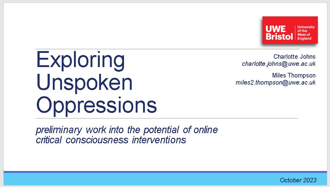 UWE Psychology (@psychuwebristol) on Twitter photo Throw back to the amazing session by <a href="/mvdct/">Miles Thompson 💙</a> and Charlotte about unspoken oppression!!
Such great conversations… #CommunityPsychologyFestival Throw back to the amazing session by <a href="/mvdct/">Miles Thompson 💙</a> and Charlotte about unspoken oppression!!
Such great conversations… #CommunityPsychologyFestival