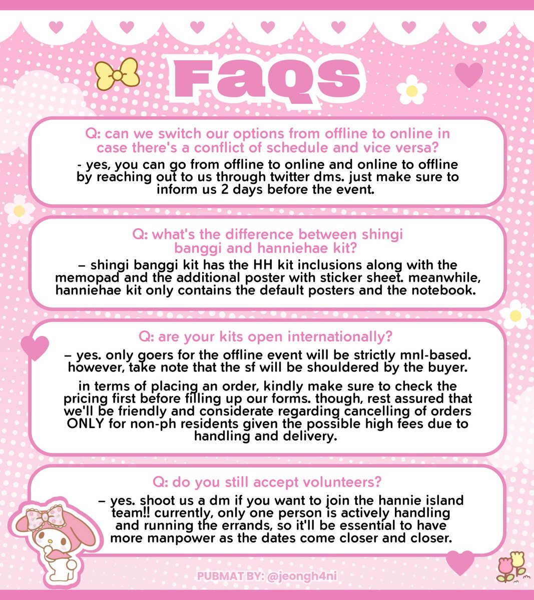 ໒꒰ྀི˶ᵔ ᵕ ᵔ˶ ꒱ྀི১˖⁺‧₊˚

. . . frequently asked questions! ౨ৎ
don't hesitate to beep us in case you have more ~ 💌

#MyMelodYOONMnIUpdates