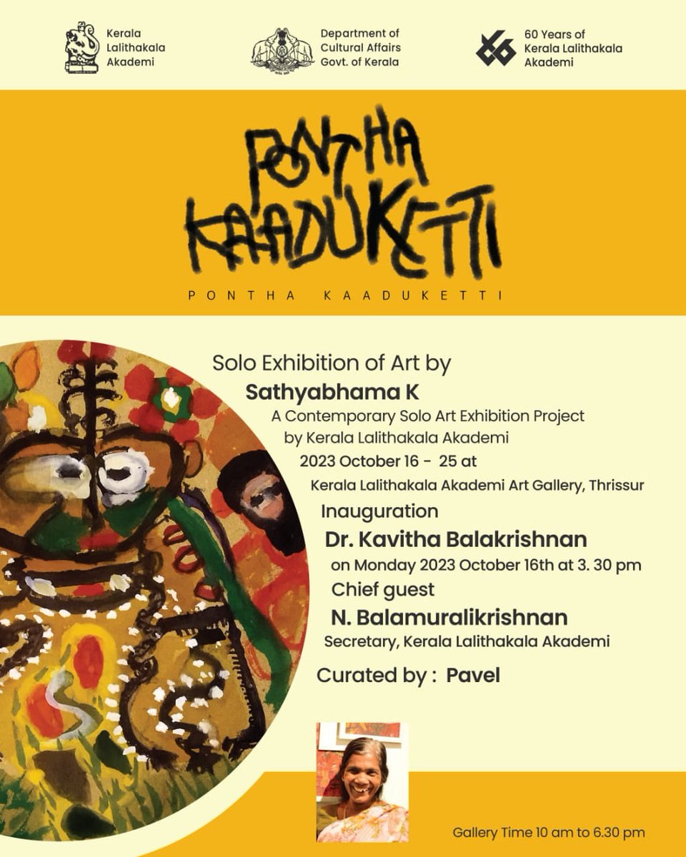 KeralaAkademi's tweet photo. We are delighted to announce and welcome you all to the solo exhibition of Art - ‘Pontha kaatuketti (പൊന്ത കാട്കെട്ടി) by Sathyabhama K curated by Pavel.

The show begins on 16th October 2023, at 3:30 PM at Kerala Lalithakala Akademi Art Gallery, Thrissur. https://t.co/pUyN84ezQ2