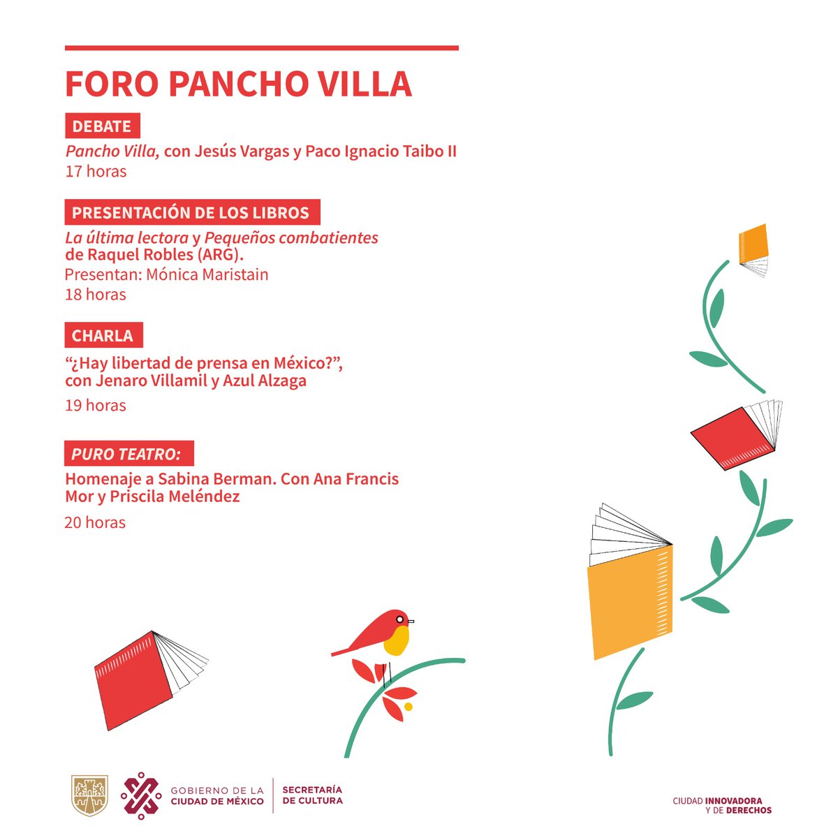 FILZocalo's tweet photo. Compartimos las actividades que se realizarán hoy en el #ForoPanchoVilla de la #FILZócalo2023. Comenzamos con un concierto de @Triciclocircus; se realizarán presentaciones editoriales, charlas, tendremos un debate sobre el Centauro del Norte, y un homenaje a @sabinaberman. https://t.co/PQAWtnqkvC