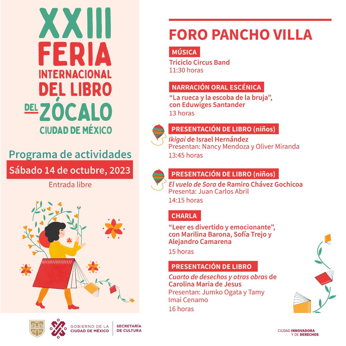FILZocalo's tweet photo. Compartimos las actividades que se realizarán hoy en el #ForoPanchoVilla de la #FILZócalo2023. Comenzamos con un concierto de @Triciclocircus; se realizarán presentaciones editoriales, charlas, tendremos un debate sobre el Centauro del Norte, y un homenaje a @sabinaberman. https://t.co/PQAWtnqkvC