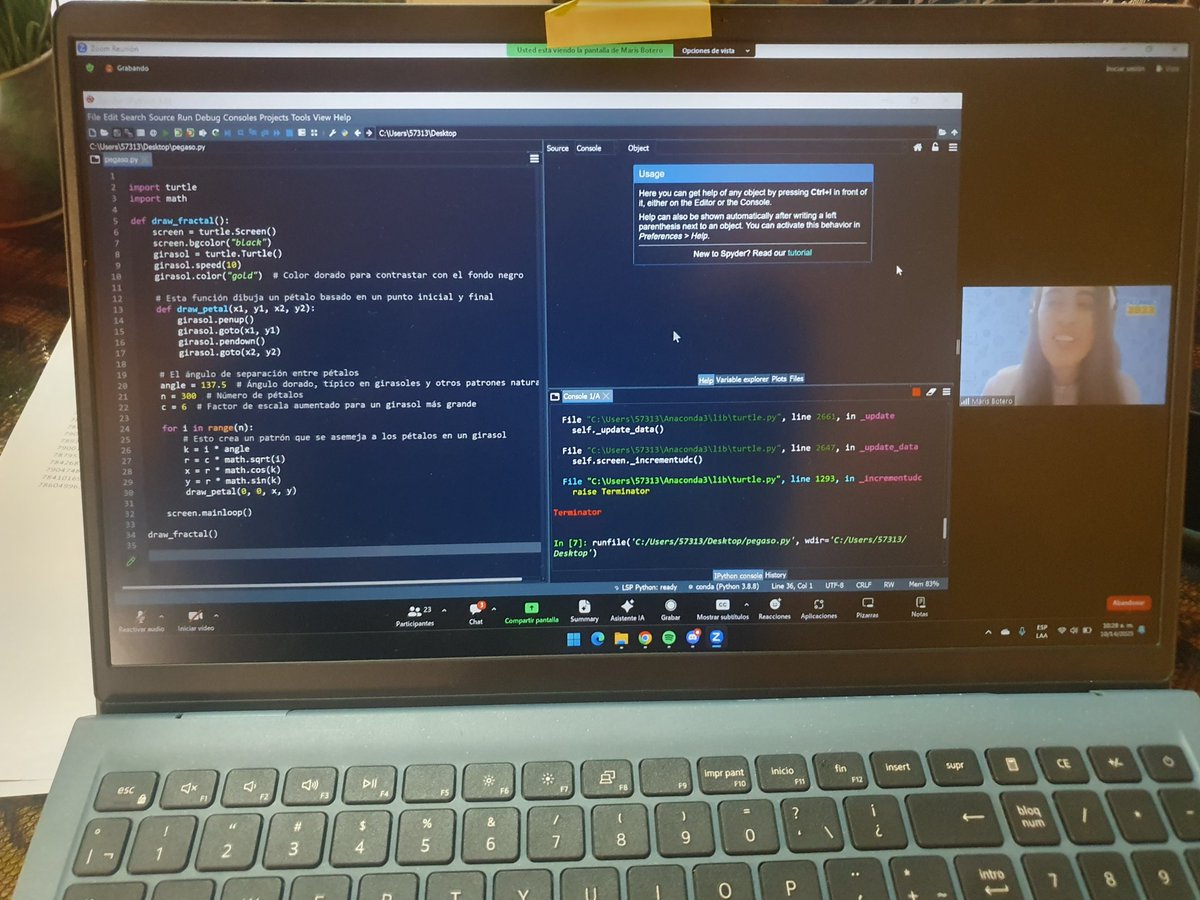 PythonPanama's tweet photo. 🎙️ ¡Segúndo dia de charlas del #PyConnect2023! 🐍🇵🇦
@marisbotero desde Colombia comparte y explora los secretos de la geometría y los fractales con #Python https://t.co/0SqBOs7zlL