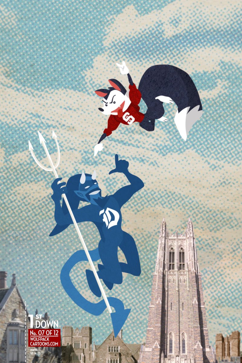 markmclawhorn's tweet photo. RUNNIN’ WITH THE DEVIL! 🐺⚡️🔱 The @NCState #Wolfpack take a trip down #tobaccoroad to visit the #17 @DukeU #BlueDevils. Can the Red beat the Blue, or will the Devils stick a fork into the hopes of another Wolfpack win? #WolfpackCartoons #Wolfpack1st https://t.co/Ksy07612Lg