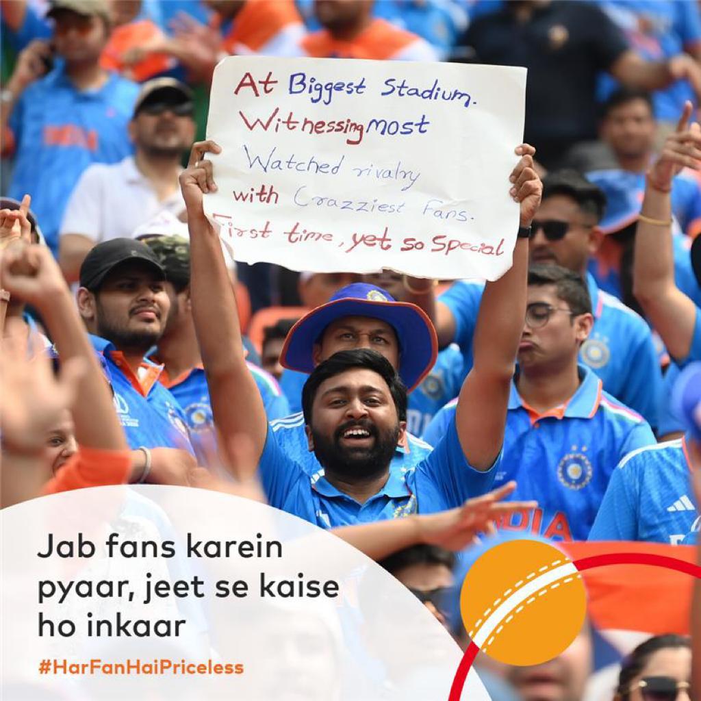 mastercardindia's tweet photo. Hearty congratulations to #TeamIndia for holding the number 1 position in the #ICCMensCWC2023 after winning the match day with Pakistan.
 
Team India Fans, it is not the time to keep calm.
Let's send a billion cheers together for Team India.
 
#HarFanHaiPriceless #ICC #INDvsPAK https://t.co/RFc6ZQigeZ