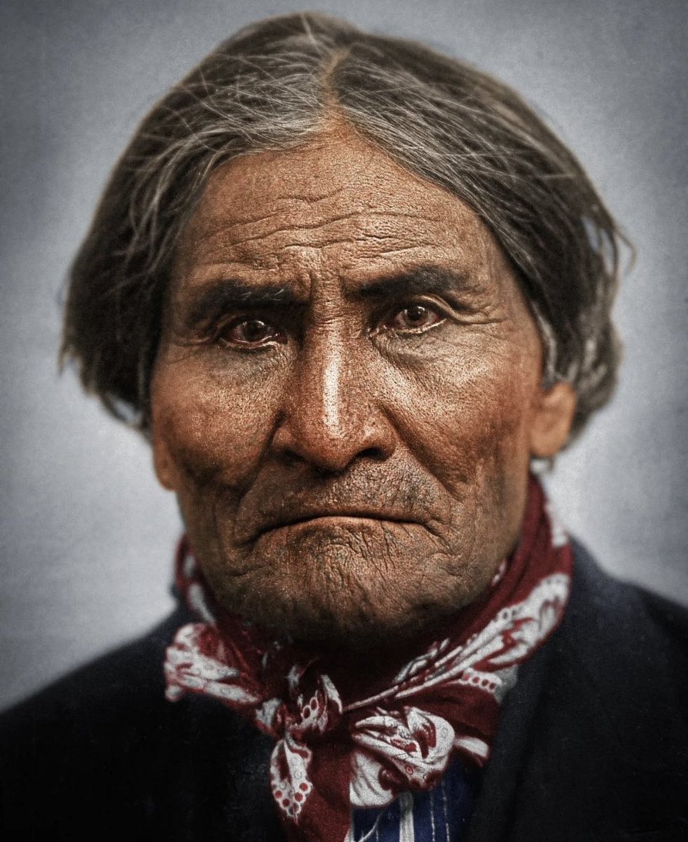 Cuauhtemoc_1521's tweet photo. El líder de la resistencia apache bedonkohe, una de las tribus chiricahuas, Gerónimo fotografiado a los 75 años en el año de 1904. Su nombre en su lengua nativa fue Goyaalé que significa”el que bosteza”. Aunque muchos piensan que nació en EEUU, su lugar de nacimiento fue en el territorio del estado de Sonora, el 16 de junio de 1829, posiblemente en las cercanías de Arizpe. En 1880 combatió contra el gobierno de Sonora, responsable de haber asesinado a su esposa y a sus hijos, así como cientos sino es que miles de chiricahuas… 

Murió el 17 de febrero de 1909 de pulmonía como consecuencia al haber caído ebrio de su caballo dentro de las aguas heladas del río Lawton en #Oklahoma