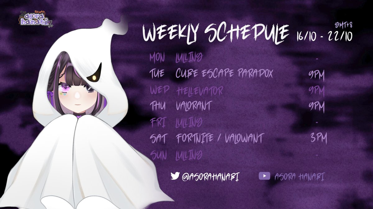 asorahanabi's tweet photo. Finally!! We're back with Weekly Schedule!!
Let's play together~ 💜
♡ 16 Oct 2023 - 22 Oct 2023 ♡
❥ art: #hanalust
❥ clip: #hanaKlip
❥ meme: #hanaugh
#MalaysiaVtuber #MyVTuber #Vtuber #ENVtubers https://t.co/pkybvs4wvI