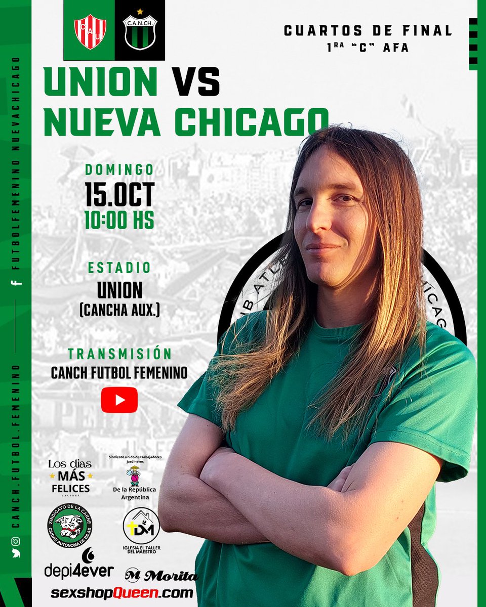 CanchFutbolFem's tweet photo. Juega Chicago! 💚🖤
🏆 Primera División "C"
📌 Cuartos de final
📆 Domingo 15 de octubre
⌚ 10 hs.
🆚 Unión de Santa Fe
🏟 Predio La Tatenguita
.
.
@nuevachicago
.
.
#UnidasEsMejor #FutbolFemeninoAFA #VamosChicago #CUPA #SomosUno #ChicagoSomosTodes #NuevaChicago #bhfyp https://t.co/cap8bJU7Lj