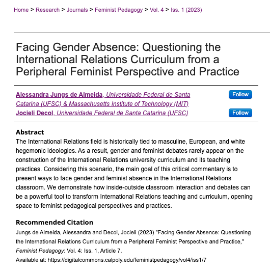 Our article "Facing Gender Absence" is published in the <a href="/FeministsTeach/">Feminist Pedagogy</a> journal's "Teaching Through Absence" issue, full of great graduate contributions!

Joci and I share our experiences as students and feminists in the IR classroom in Brazil. 

Link: digitalcommons.calpoly.edu/feministpedago…