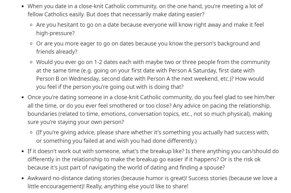 RachelHooverJrn's tweet photo. Seeking #catholicdating advice & experiences to incorporate into a forthcoming book! Today, I'm digging into "no-distance dating": when you're dating or trying to date in a tight-knit community of Catholics. Share your thoughts by replying or DM me! Prompts in image. https://t.co/hEiXevL8Q5