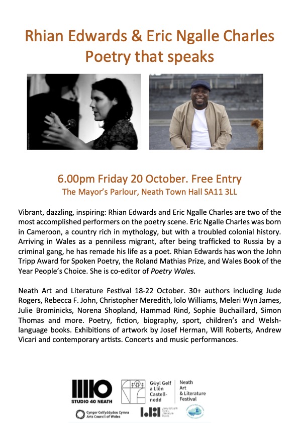 . @RhianEdwards5 and @yomadene #neathartandliteraturefestival Fri 20 Oct. Free entry bit.ly/45vP4yQ @poetrywales @PoetryBookshop @cerysmatthews @emergencypoet @DTCSwansea @LitWales @Books_Wales @SerenBooks @hayfestival @studio40neath @YstradgynlaisM @Culture_SwanUni