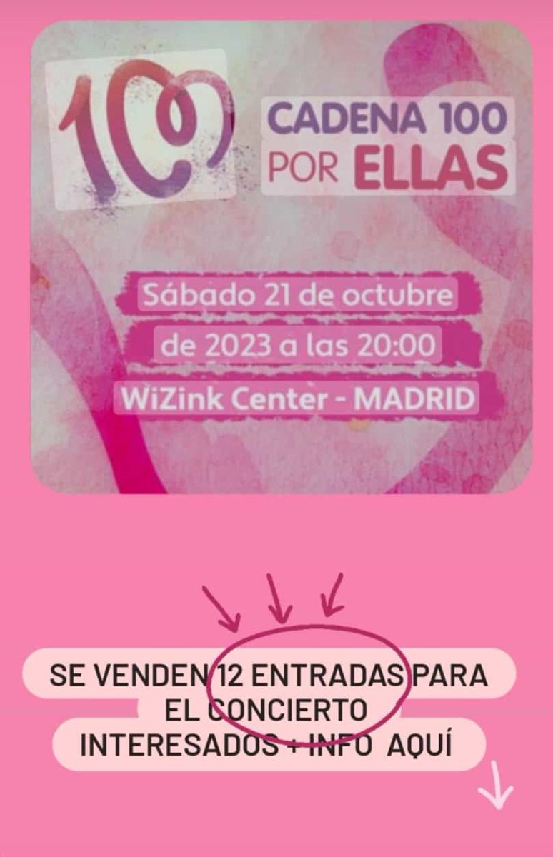 Se venden entradas en gradas para el concierto de #Cadena100 #porellas 

Por favor, compartid y cualquier duda contactad conmigo.  

Gracias 

#ENTRADAS #Cadena100 #cadena100porellas #venta #Madrid 
#wizinkcenter