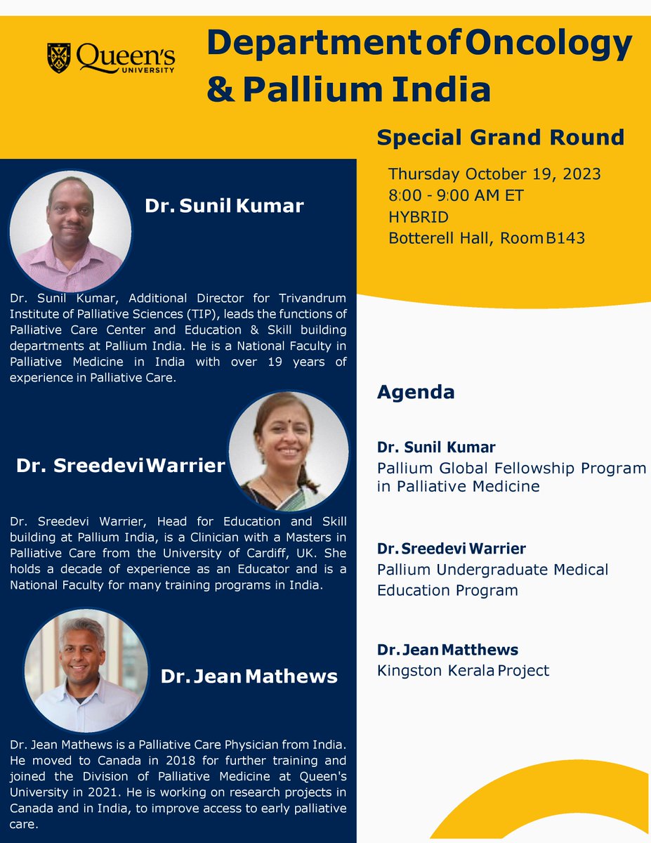 In commemorating the World Hospice and Palliative Care Day (WHPCD), join us on a Special Grand Round highlighting our collaborative work with @PalliumIndia impacting palliative care in India and Canada. Email globaloncology@queensu.ca for the Zoom Link.