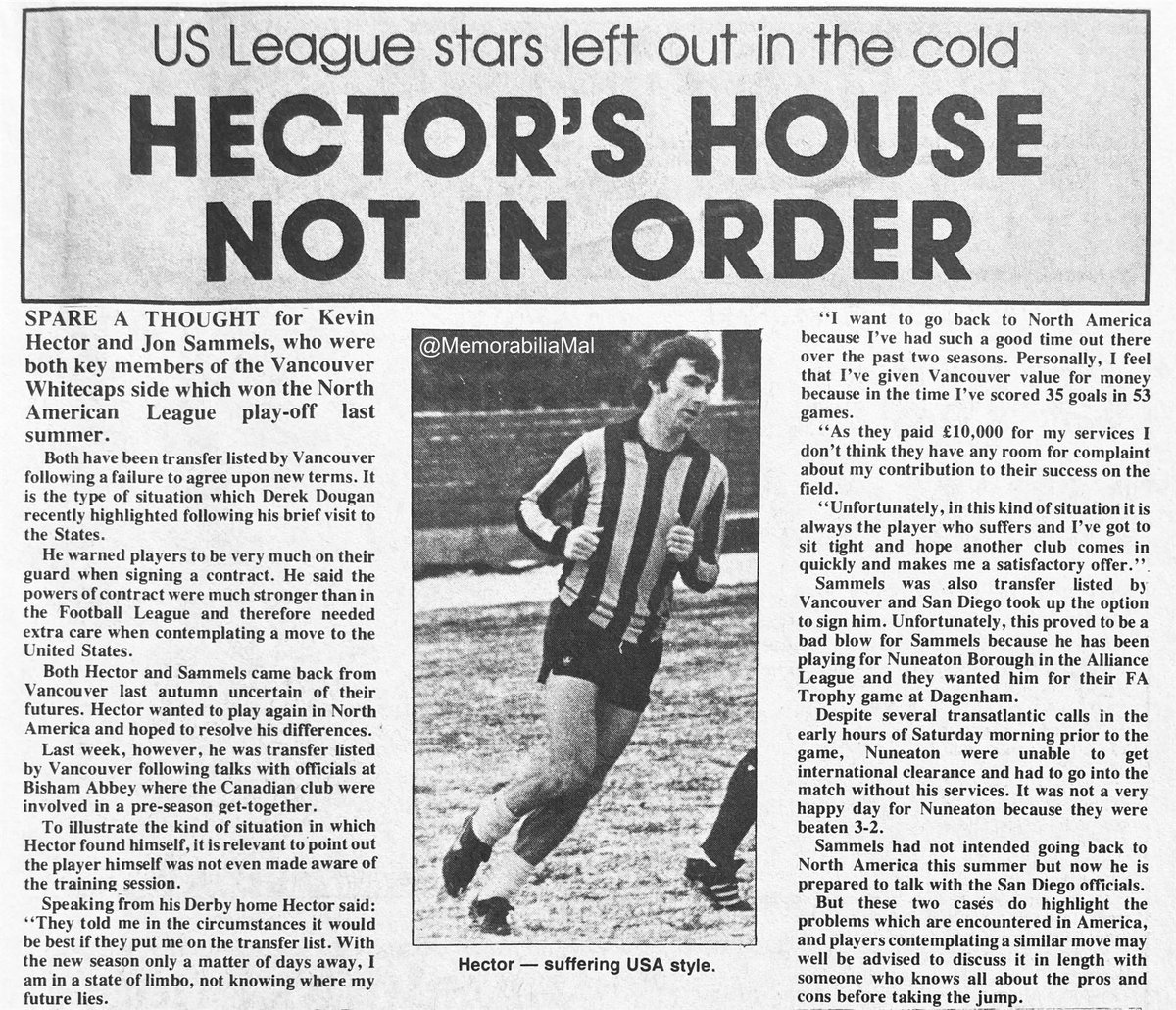 Kevin Hector & Jon Sammels on their way out of Vancouver Whitecaps. Hector rejoined Derby County and Sammels remained at Nuneaton Borough.
#VWFC #DCFC #backtheboro 
Football Weekly News 2/4/80
