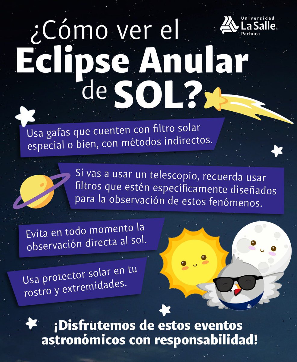 LaSalleP's tweet photo. Con una visibilidad del 75% en nuestro país, hoy podremos disfrutar 𝗰𝗼𝗺𝗼 𝗹𝗮 𝗟𝘂𝗻𝗮 𝗰𝘂𝗯𝗿𝗲 𝗮𝗹 𝗦𝗼𝗹 𝗵𝗮𝘀𝘁𝗮 𝗳𝗼𝗿𝗺𝗮𝗿 𝗲𝗹 𝗳𝗮𝗺𝗼𝘀𝗼 "𝗮𝗻𝗶𝗹𝗹𝗼 𝗱𝗲 𝗳𝘂𝗲𝗴𝗼", teniendo su punto máximo a las 12:50 pm 🌖🤩
#SomosLaSalle #Pachuca #EclipseAnular2023 https://t.co/47wxpYHC1z