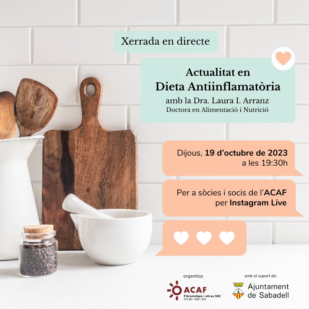 Si vols conèixer els darrers avenços en dieta antiinflamatòria, el proper dijous 19/10, en el canal d'Instagram exclusiu per a persones associades, no et perdis la xerrada de la Dra. <a href="/LauraIArranz/">Laura Isabel Arranz</a>, doctora en Alimentació i Nutrició.
#fibromiàlgia #SFCem #SFC #SQM #EHS #SSC