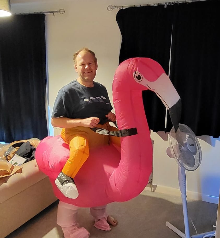 S_eastwood's tweet photo. Just made sure my flamingo outfit was ok for tomorrow's @love_luton run fest as we reached the £1k fundrasing mark as @lutoncouncil team for the #LetsFeedLuton campaign. It'll be more of a shuffle than a run as comes below the knee 🤣 donate here: https://t.co/ywcaDTO7Ux https://t.co/65Kb8XD427