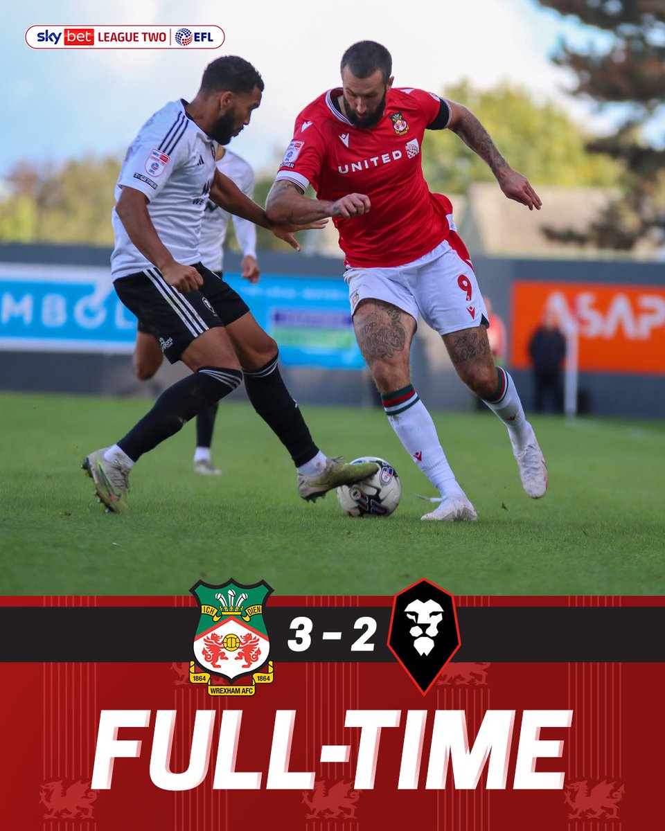 Wrexham_AFC's tweet photo. FULL TIME | Wrexham AFC 3-2 Salford City 

🔘 Fletch and Jord complete the late show and seal the victory!

🔴⚪️ #WxmAFC https://t.co/94bL66XWAB