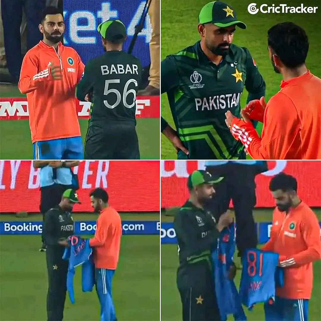 ShowbizAndNewz's tweet photo. #ViratKohli gifted Shirt to #BabarAzam𓃵 💚💙
#PAKvIND #CWC2012 #INDvPAK https://t.co/hH2ySum0S3