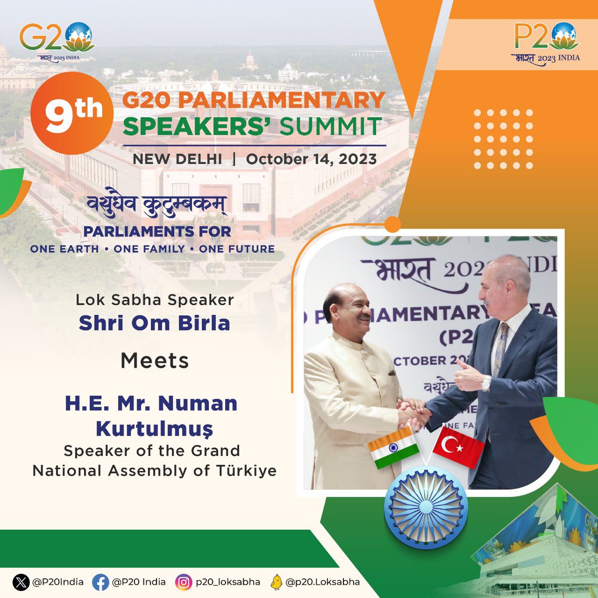 LokSabhaSectt's tweet photo. Speaker of #LokSabha, Shri @ombirlakota in a bilateral 🤝meeting with Speaker of the Grand National Assembly of #Türkiye 🇹🇷 , H.E. Mr. @NumanKurtulmus on the sidelines of the #P20Summit.
#P20Bharat | #P20India | #P20Conference | #G20India
@P20India | @g20org https://t.co/ODPIrO42UX