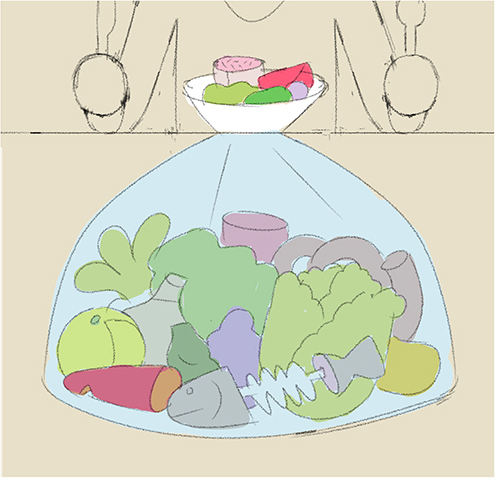 「フードロスを考える、というコラムのラフになかなかいいアイデアが出たけど、食品ロス」|Studio-Takeumaのイラスト