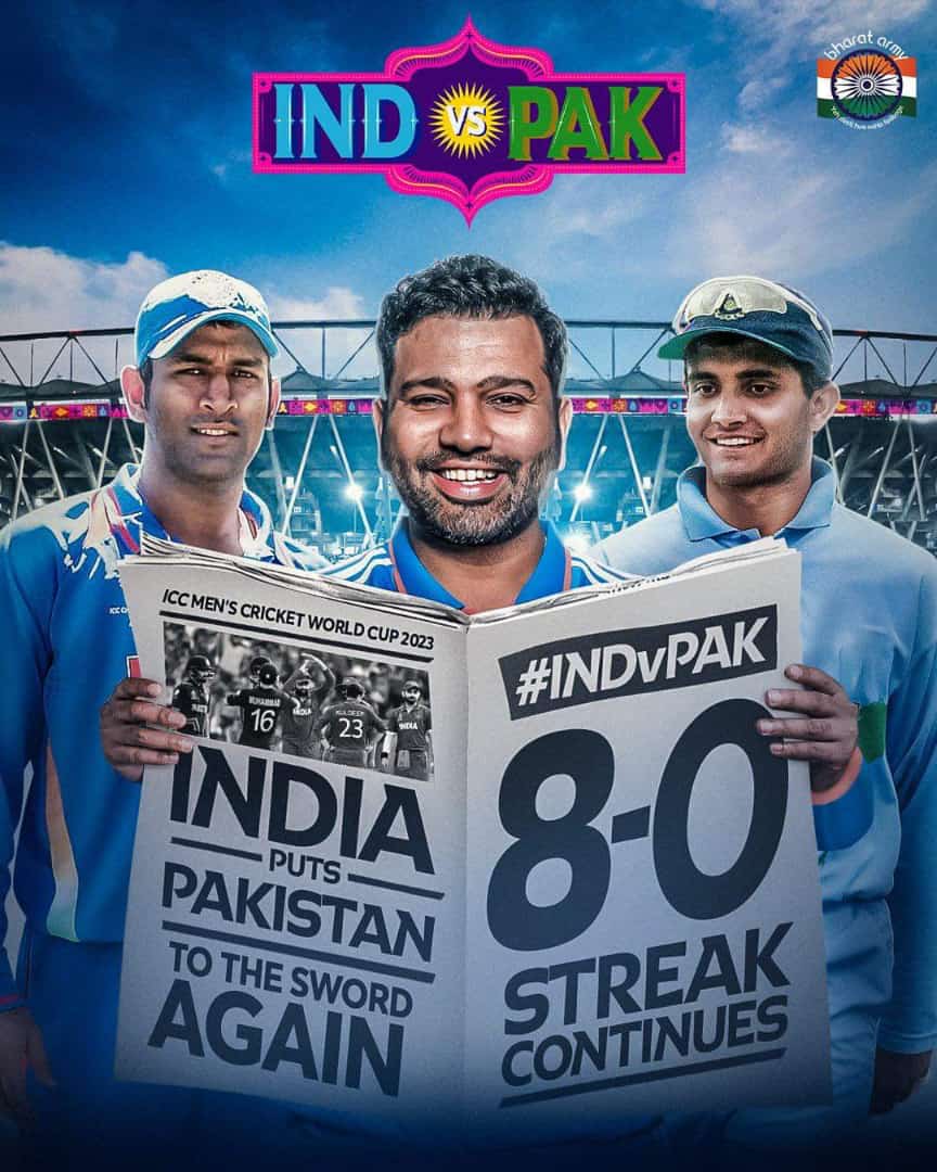 sumit_routray's tweet photo. Wow! What a performance by team India!
India have made it 8-0 against Pakistan in World Cup history. Congratulations, team India!
You have made us all proud. 🇮🇳
#IndiaVsPakistan #IndiaIndia #HardikPandya #ArijitSingh #motabhai #fixed #baapbaap
#RohitSharma #ShubmanGill https://t.co/qLeE1maeA6