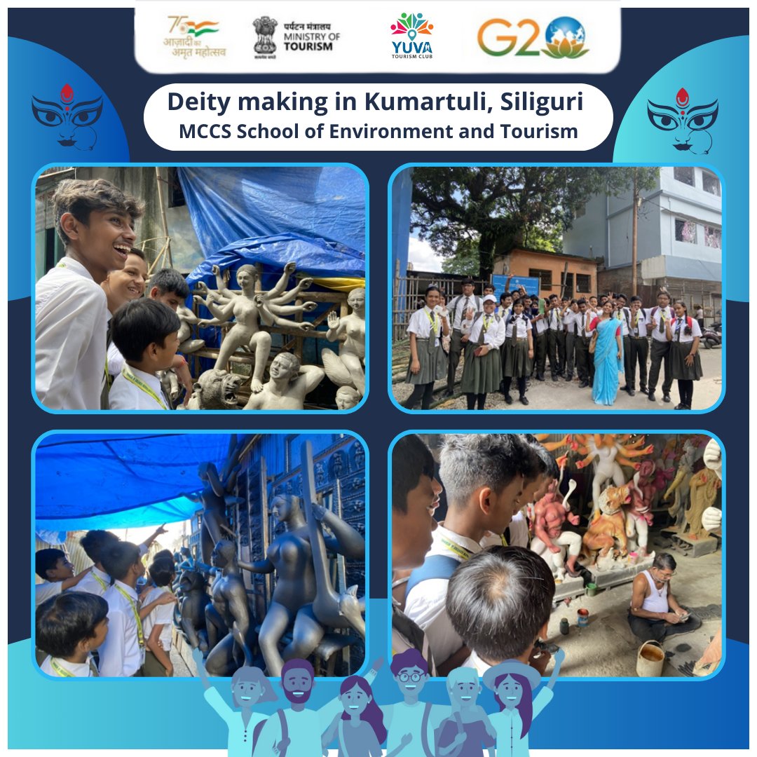 Yuva_Tourism's tweet photo. Under the aegis of Ministry of Tourism, #YuvaTourismClub Class 9 &amp; 11 students of MCCS School visited Kumartuli, Siliguri to explore the UNESCO-recognised ICH practice of deity-making as a part of #DekhoApnaDesh initiative.
#CulturalHeritage #IncredibleIndia #YuvaTourism https://t.co/b2fsnzKb4l