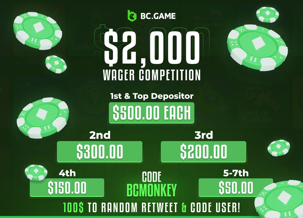 WEEKLY 2000$ BCGAME WAGER COMPETITION!💸

❤️100$ TO A RANDOM RETWEET!
❤️100$ TO A RANDOM PERSON WHO SIGNS UP ON CODE "BCMONKEY" (LINK IN BIO)

👑TOP DEPOSITOR: 500$
🥇1st: 500$
🥈2nd: 300$
🥉3rd: 200$
🏅4th: 150$
🏅5th-7th: 50$

Announcing winners in 1 week.