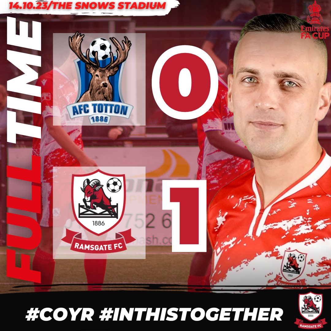 RamsgateFC's tweet photo. 🔴FULL TIME⚪️

@AFCTotton 0 🆚 Ramsgate 1 

Ramsgate take the win from a Joe Taylor Goal! The Rams are into the 1st Round of @EmiratesFACup 🔥

Thank you for your amazing away support! https://t.co/gXOPDG9TAs