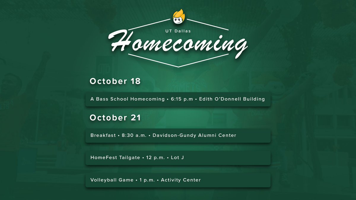 UTDallasAlumni's tweet photo. Homecoming HOMEFEST is less than a week away! #utdhc #utdhoco
Check out some events curated especially for UT Dallas alumni 🌟:
https://t.co/b0tXukTkpb https://t.co/s6I9T20KEH