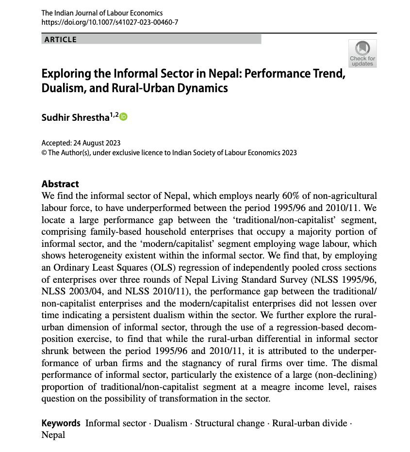 Thrilled to share my research on #InformalSector in #Nepal 'Exploring the Informal Sector in Nepal: Performance Trend, Dualism and Rural-Urban Dynamics' that has just been published w @SpringerNature in The Indian Journal of Labour Economics. Read here rdcu.be/dowH5 1/n