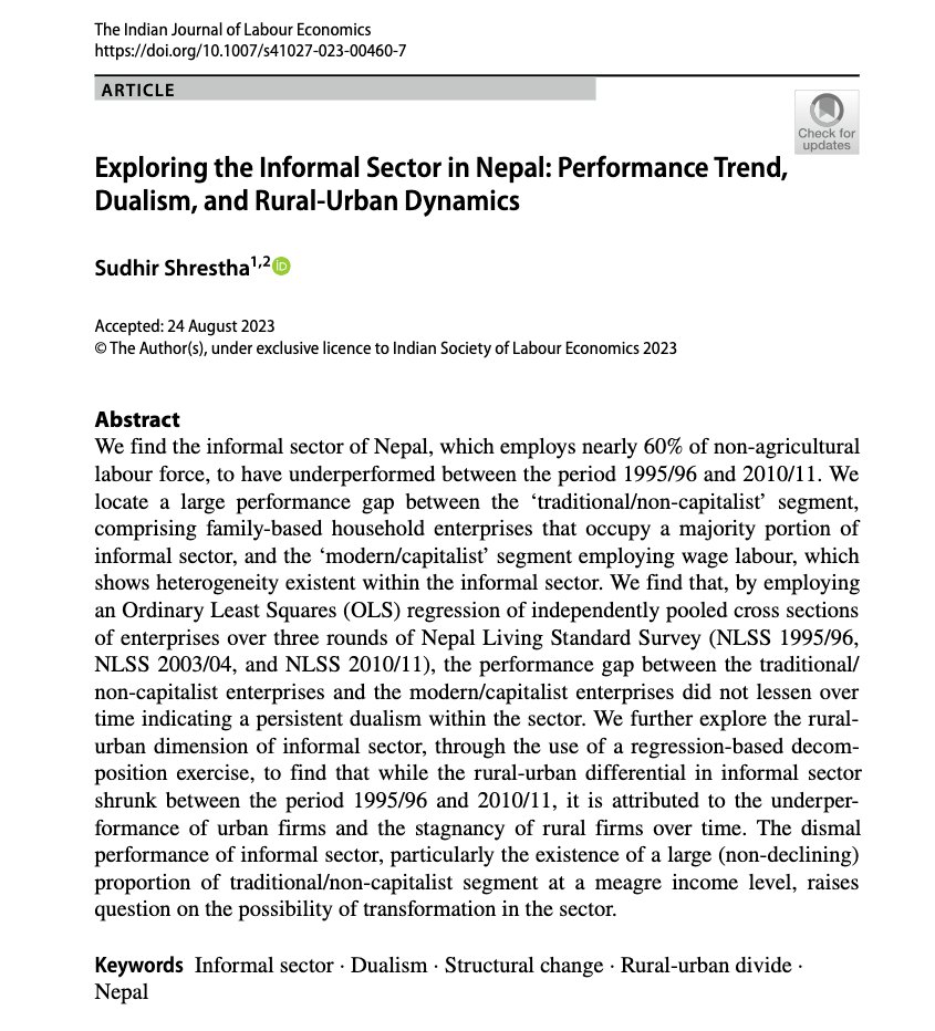 sudhir2751's tweet image. Thrilled to share my research on #InformalSector in #Nepal "Exploring the Informal Sector in Nepal: Performance Trend, Dualism and Rural-Urban Dynamics" that has just been published w @SpringerNature in The Indian Journal of Labour Economics. Read here rdcu.be/dowH5 1/n