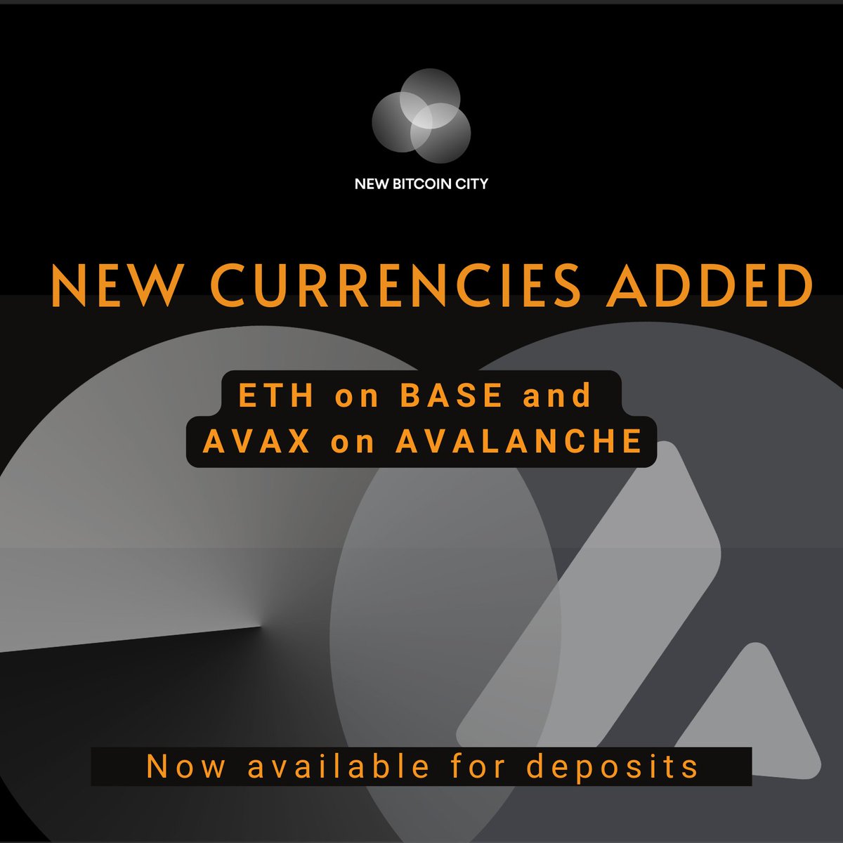 Valhalla_L2's tweet photo. GM New Bitcoiners, 

ETH on @BASE and AVAX on @avax are now available for deposits at @newbitcoincity.

More options, more connections!

https://t.co/EImo5RMVSE https://t.co/GyTd1gnm9u