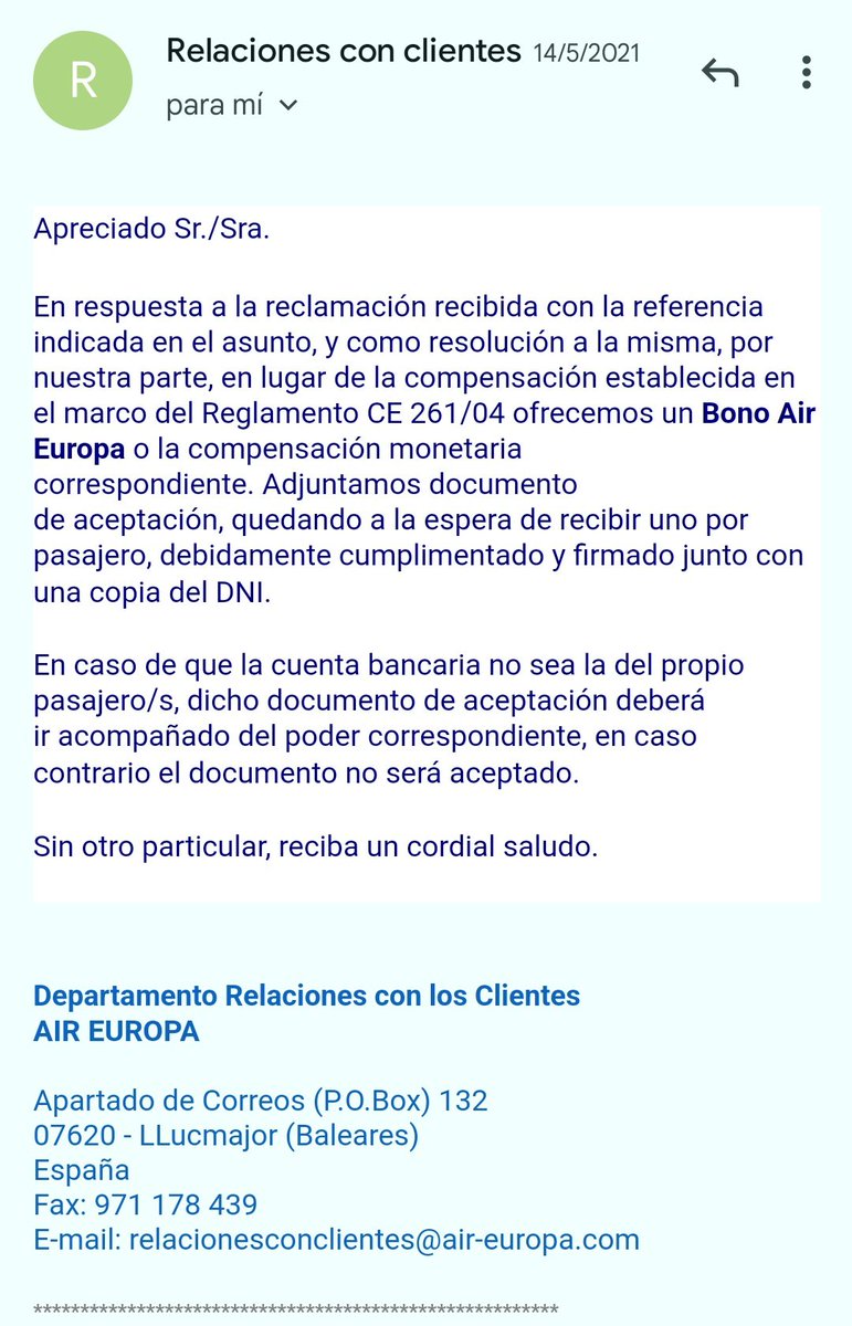 alamoivan47's tweet photo. @Bonabonamana Después de eso, fue AirEuropa quien me contactó para ofrecerme un bono o la compensación. Eso si, intentaron colarmela ofreciendo pagarme menos de lo que correspondía. https://t.co/dp3rRg6fvl