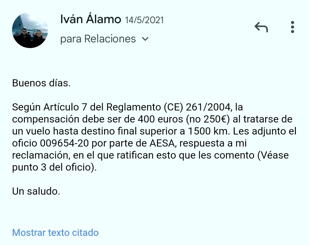 alamoivan47's tweet photo. @Bonabonamana Después de eso, fue AirEuropa quien me contactó para ofrecerme un bono o la compensación. Eso si, intentaron colarmela ofreciendo pagarme menos de lo que correspondía. https://t.co/dp3rRg6fvl
