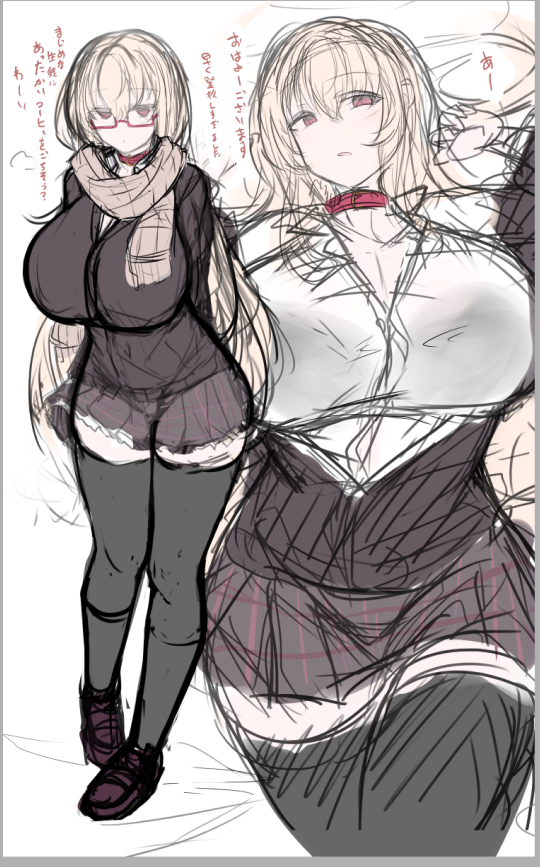 探してたラフをやっと見つけた ハローウィンはキョンシー首輪ちゃん描きたいし寒くなってきたので冬制服首輪ちゃんも描きたいし 