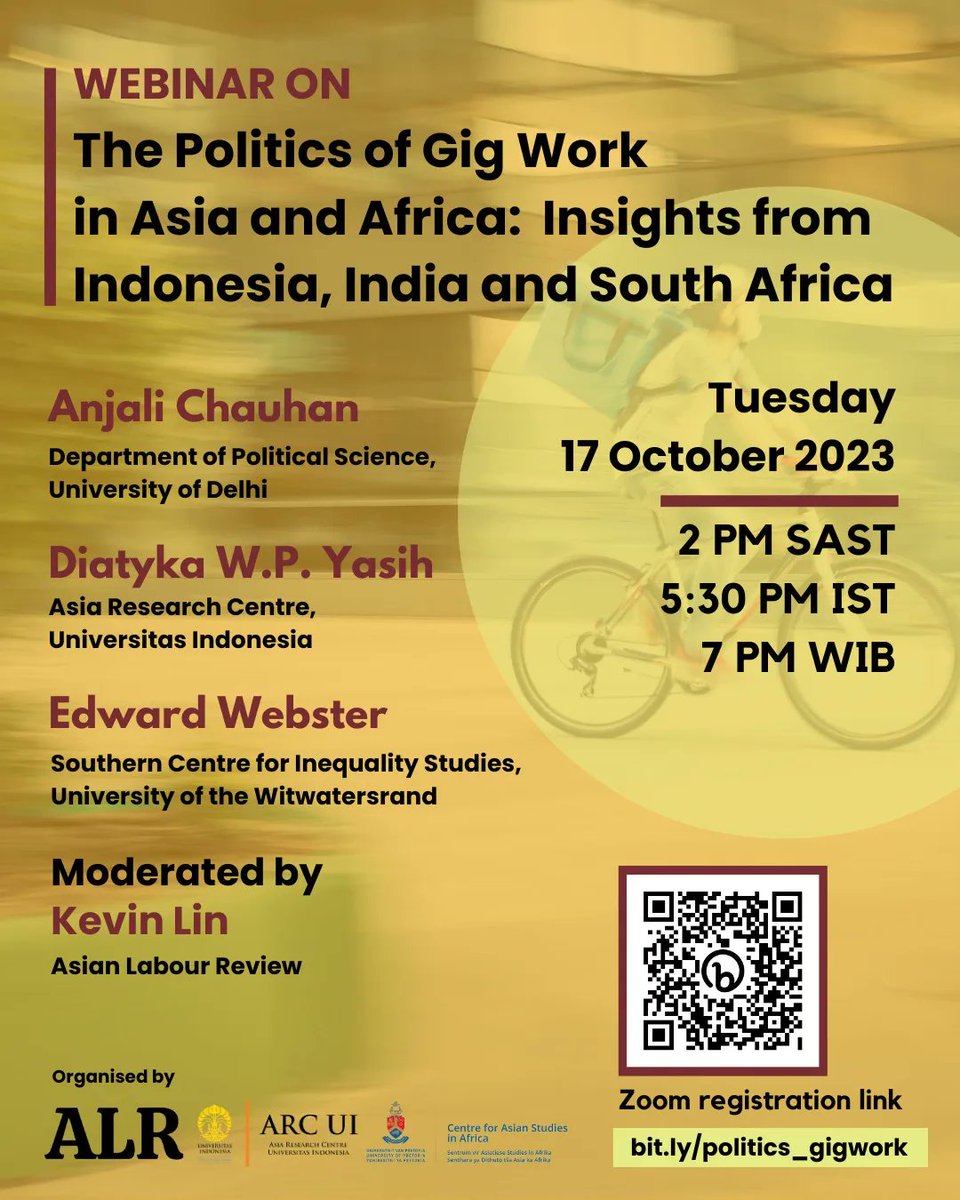 I'm privileged to be presenting my working paper "Existing Between Plight and Protest: A Case of Delivery Workers in Delhi" on this exchange btw Asia and Africa, moderated by <a href="/asianlabour/">Asian Labour Review</a>, cohosted by <a href="/CAsianSAfricaUP/">Centre for Asian Studies in Africa</a> &amp; Uni of Indonesia
Thanks to prof <a href="/alfgunvald/">𝗔𝗹𝗳 𝗚𝘂𝗻𝘃𝗮𝗹𝗱 𝗡𝗶𝗹𝘀𝗲𝗻</a> for inviting me.