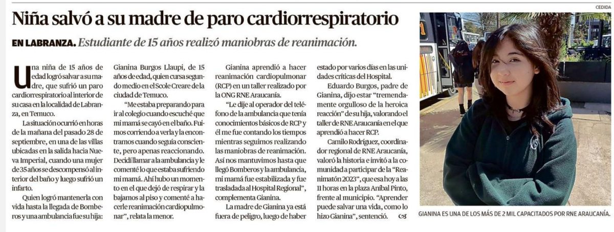eduburgoss's tweet photo. Con mi ❤️ lleno de orgullo por el temple de acero que mostró mi hija Gianina, salvando la vida de su mamá que sufrió un #ParoCardioRespiratorio realizando #RCP desde y hasta la llegada de ambulancia gracias a un #CursoRCP  #ReanimaciónCardioPulmonar de la @RNEAraucania. #Temuco https://t.co/KVtTST4NKZ