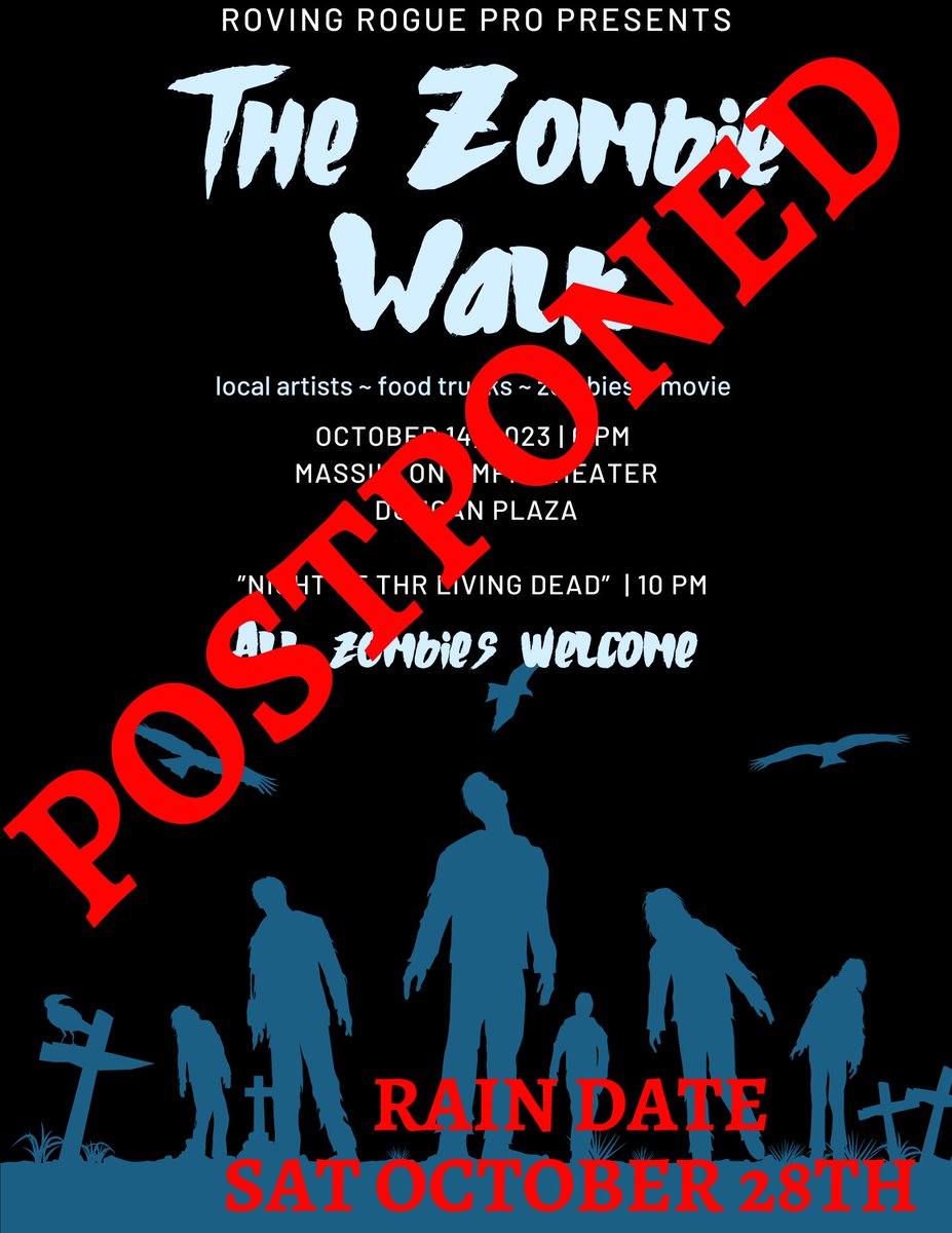 Unfortunately, we’ve made the decision to postpone our Zombie Walk today. The weather doesn’t look like it will be clearing up and we want the event to be safe for all zombies and vendors.
We do have a rain date!
October 28th 6-10pm
Updated info can all be found on the event page