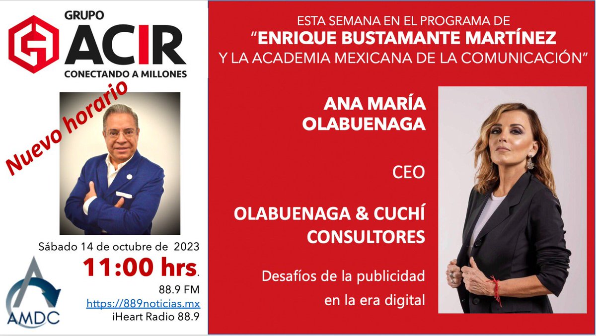 EnriqueB01's tweet photo. Muy buenos días México. #MiProgramaDeRadio de la Academia Mexicana de la Comunicación entrevisto a @olabuenaga CEO #Olabuenaga
@jhidalgo su cápsula de #IA
11:00 hrs en el 88.9 FM o https://t.co/SWkiBOmL0o y también a través de iHeart Radio https://t.co/ZBDii42CNE