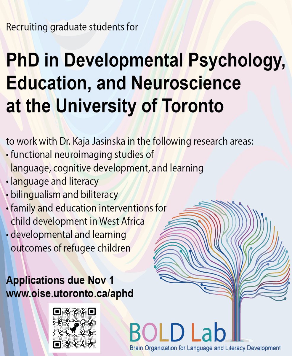 I am recruiting an MA or PhD student to join our @bold_lab in a joint program in Developmental Psychology and Education, and Neuroscience at the University of Toronto. Apply here: oise.utoronto.ca/aphd