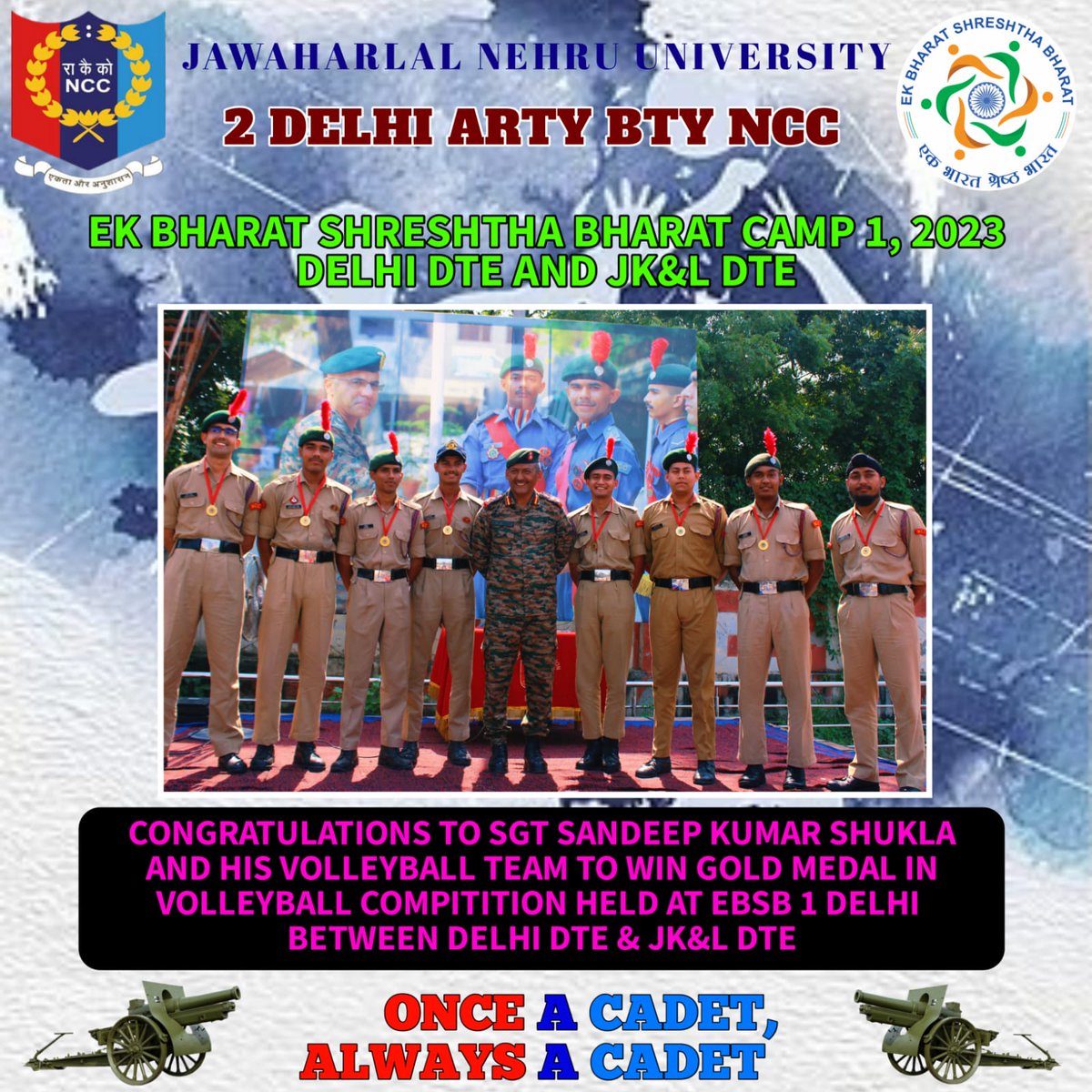 nccjnu's tweet photo. 🥇🏐 Big congratulations to SGT Sandeep Kumar Shukla and the volleyball team for clinching the gold at the EBSB 1 Camp competition between Delhi Dte &amp; JK&amp;L Dte!  
#ncc #2dabnccjnu
 #ebsbcamp2023 @Gajendra_JNU @HQ_DG_NCC @JNU_official_50 https://t.co/a68K67Kp44