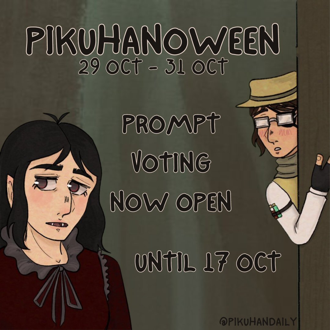 Thank you so much for all the fantastic prompt ideas submitted for Pikuhanoween 2023!  

Our final prompt vote form is now live! 
forms.gle/zL5hG31upn1R7C…

The form will close 17th October. We look forward to sharing the results with you!  🎃👻🍂

Art by <a href="/pottatttoo/">⭐️yams⭐️ ⚠️EMERGENCY COMMI$SIONS⚠️</a>!!!